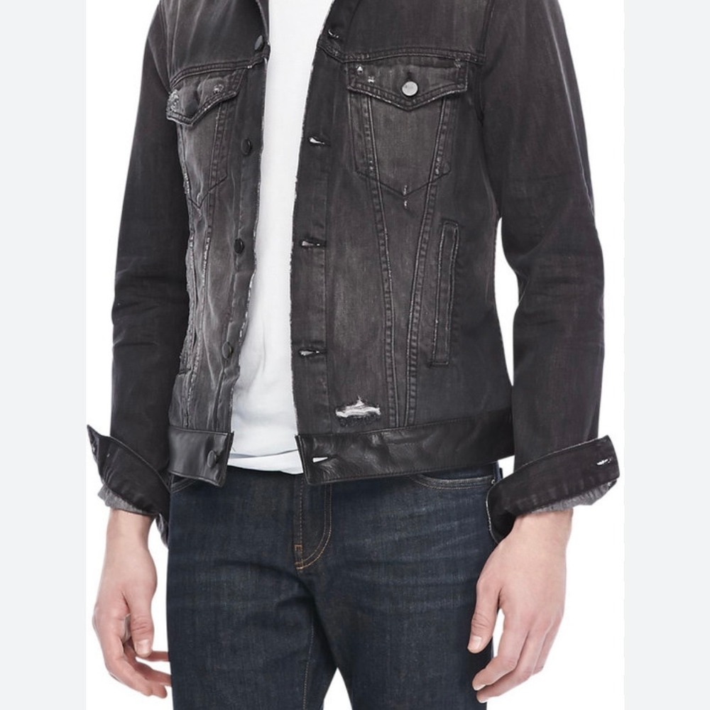 J Brand Owen Denim Jacket Size Medium Nero Black Leather Trim Distressed Cotton